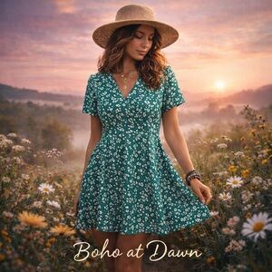 Sason Green Floral Fit & Flare Dress | Short Sleeve | Size Small